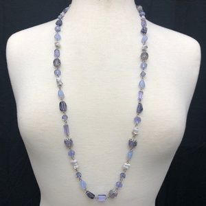 Long Light Purple Lavender Glass Bead & Chip Stone Beaded Necklace